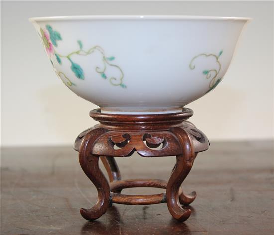 A Chinese famille rose lychees bowl, Guangxu mark and of the period (1875-1908), 13.5cm., wood stand